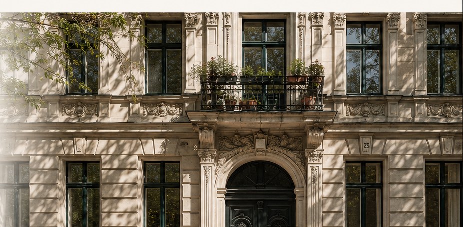 Gründerzeitfassade mit Stuck und Balkon in Berlin-Kreuzberg
