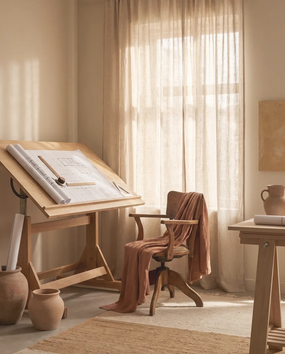 Zeichentisch mit Grundrissplan im Atelier